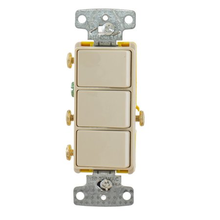 Hubbell Wiring Device-Kellems Switches and Lighting Controls, Combination Devices, Residential Grade, Decorator Series, 3) Three Way Rockers, 15A 120V AC, Side Wired, Light Almond RCD111LA